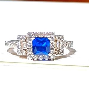 Sterling Silver Square Blue Sapphire CZ Ring